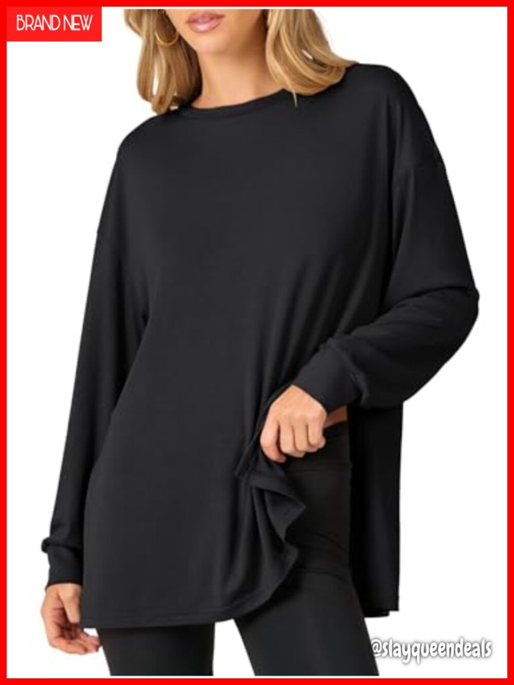 Oversized Long Sleeve Tunic Top Crew Neck Loose Fit Side Splits